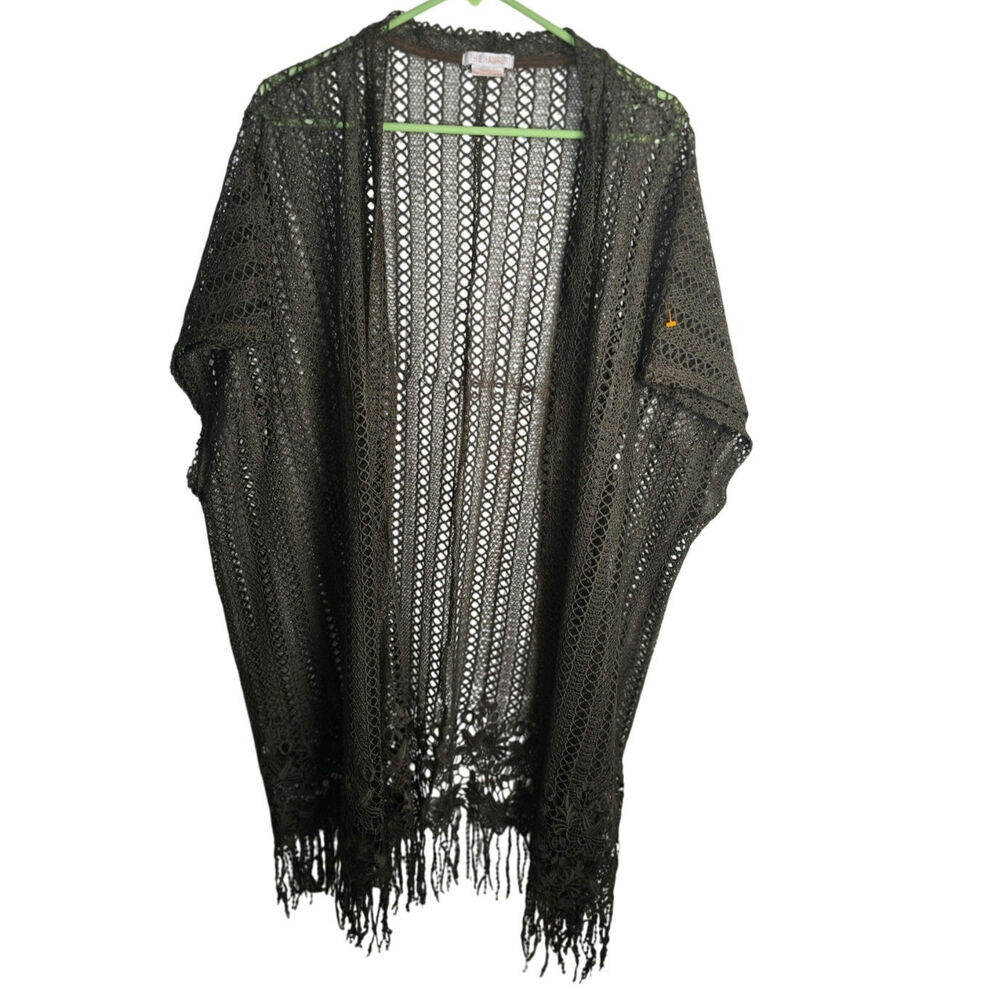 The Hanger‎ Crochet Olive Green Fringed Coverup Duster Kimono Size Small/Medium